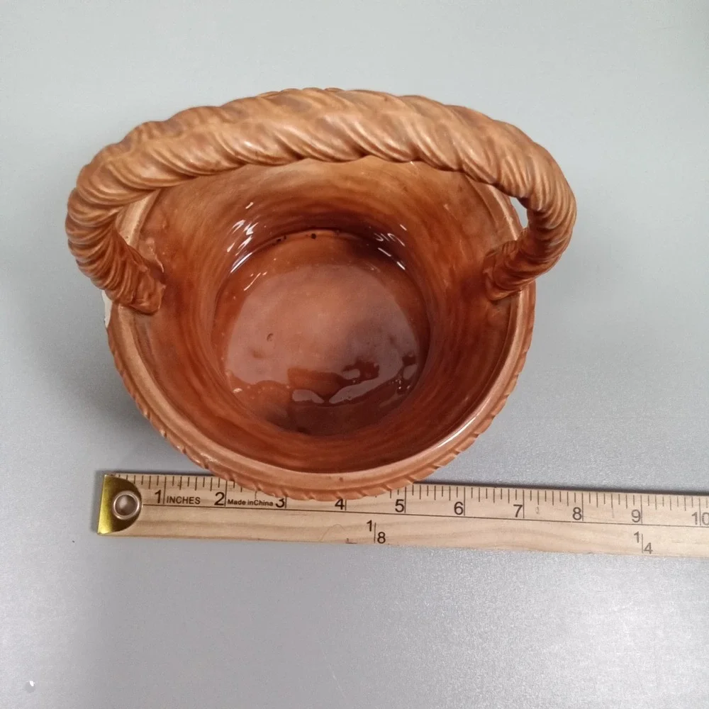 Vintage Signed Diana 87 Ceramic Basketweave Decorative Basket Brown Glaze 6.5in